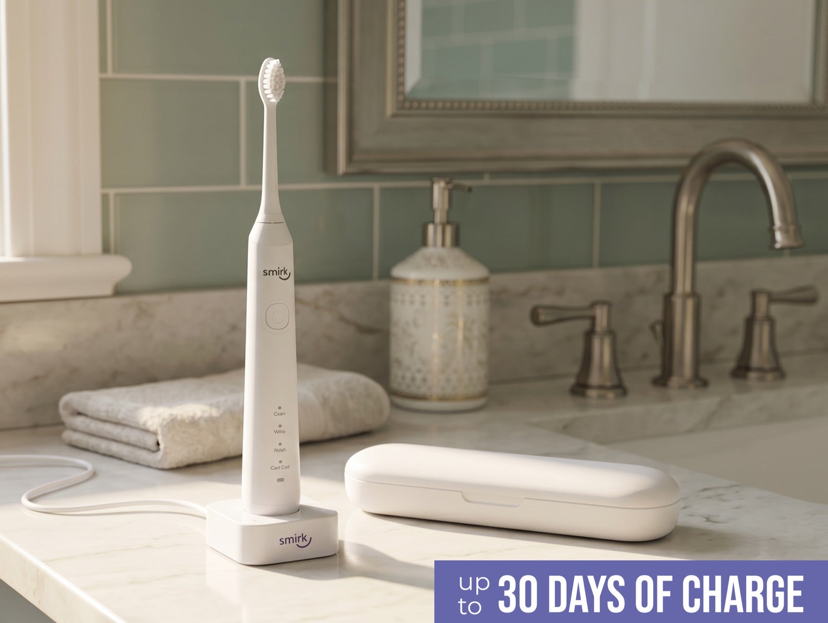 Smirk on its charging dock — up to 30 days of charge