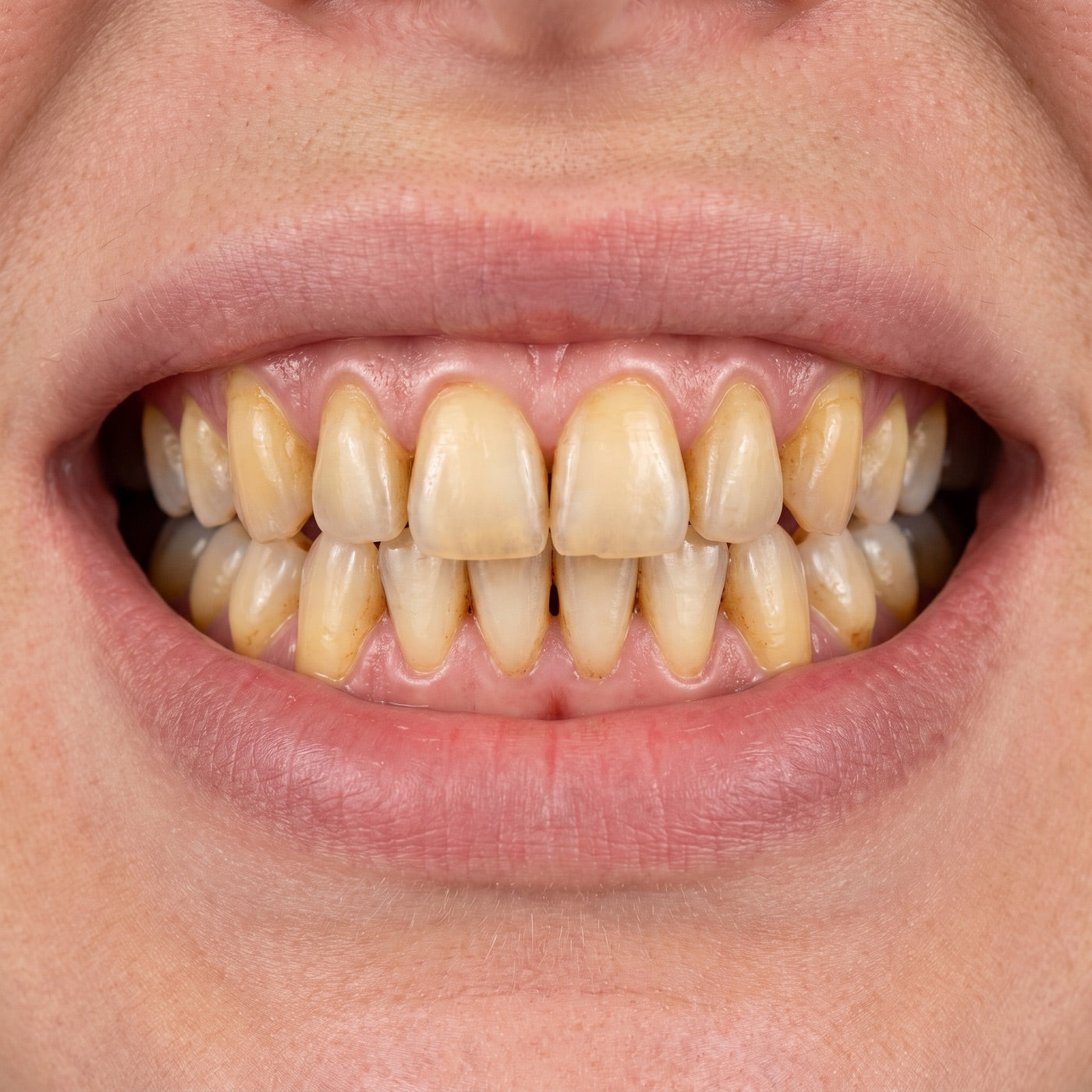 Close-up of heavily yellowed, stained teeth