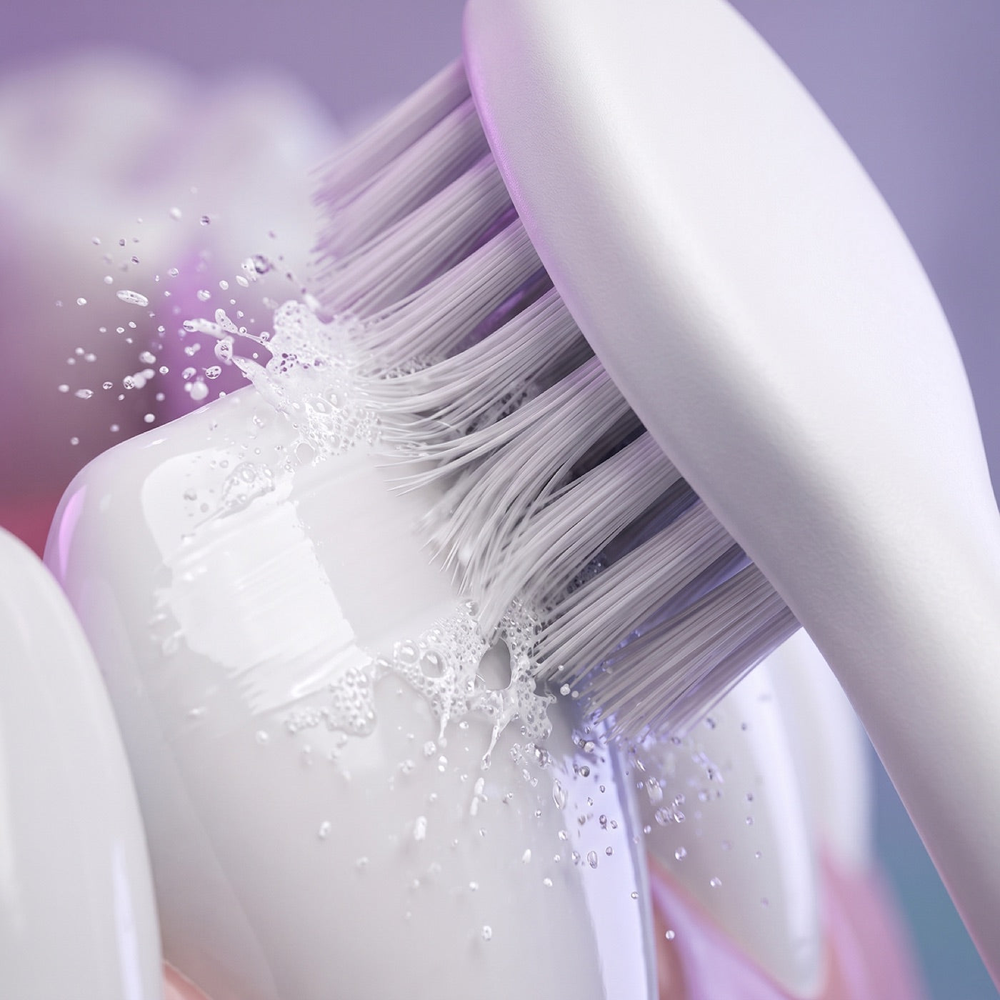 Close-up of Smirk sonic toothbrush bristles cleaning along the gumline