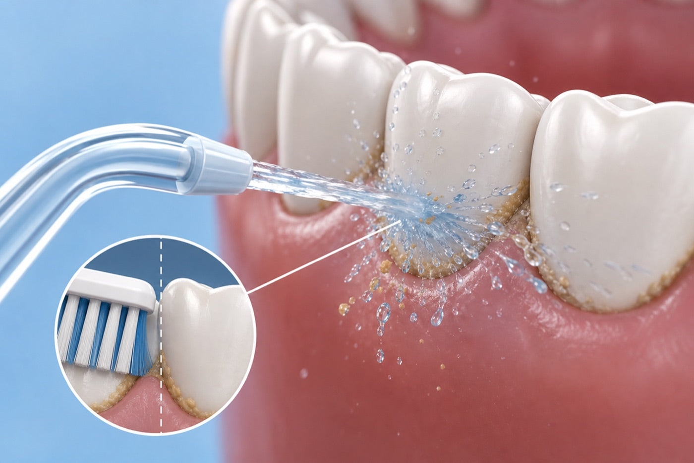Water flosser jet flushing debris from between teeth and below the gumline