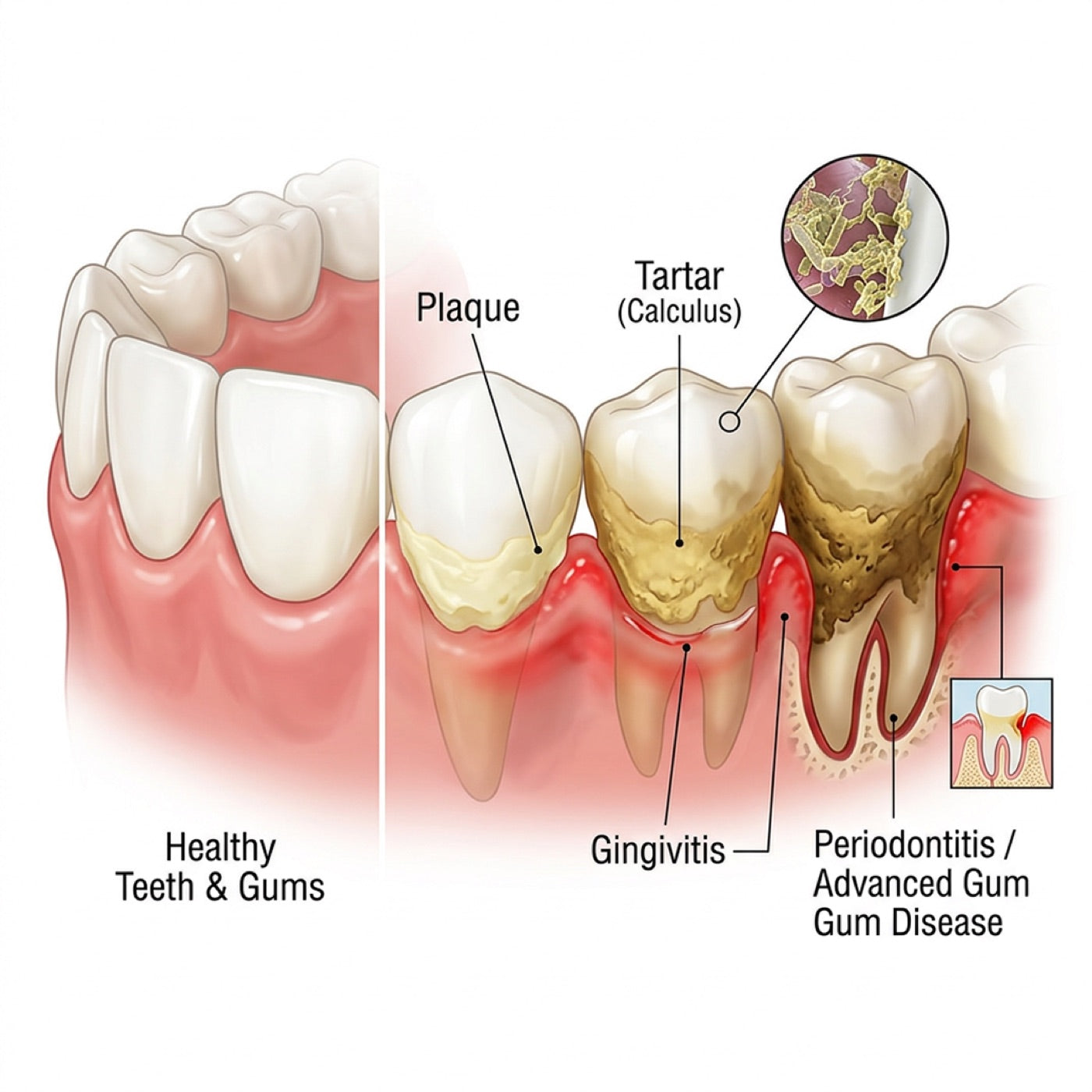 Diagram showing plaque, tartar, gingivitis and advanced gum disease