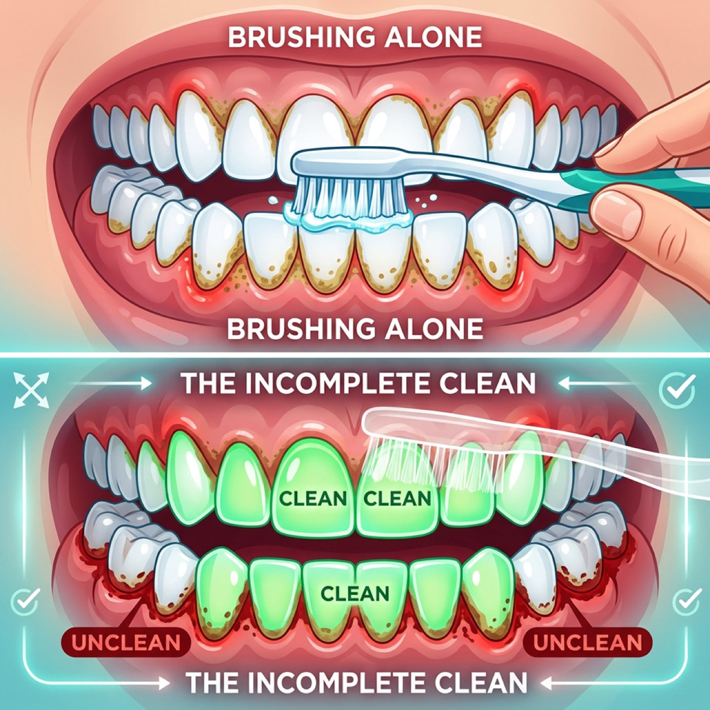 Illustration of the incomplete clean brushing alone leaves behind