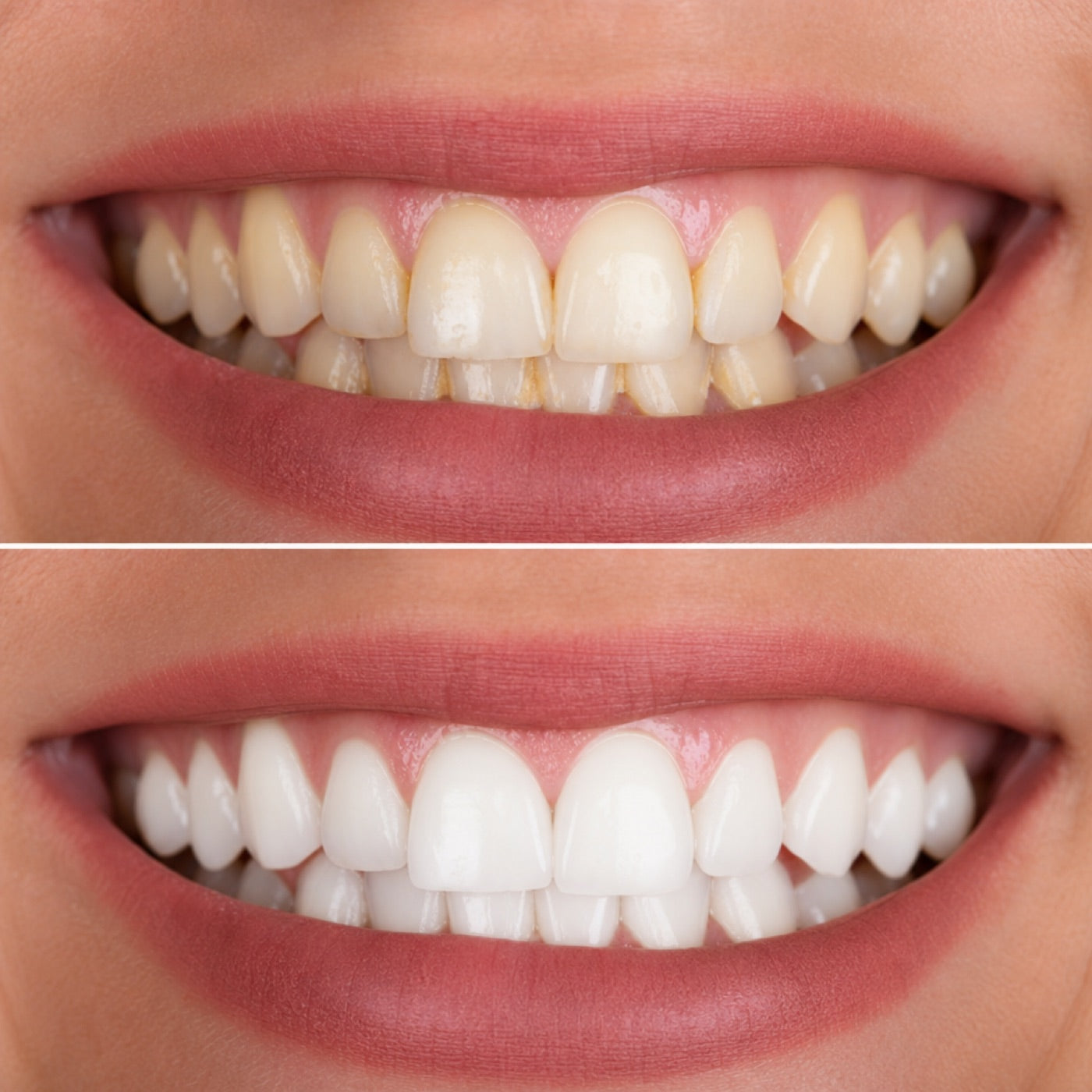 Before and after: dull, stained teeth versus a fresh, bright smile