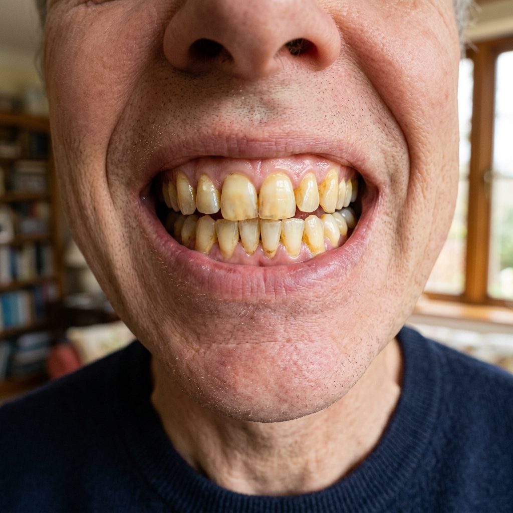 Person self-conscious about heavily stained teeth