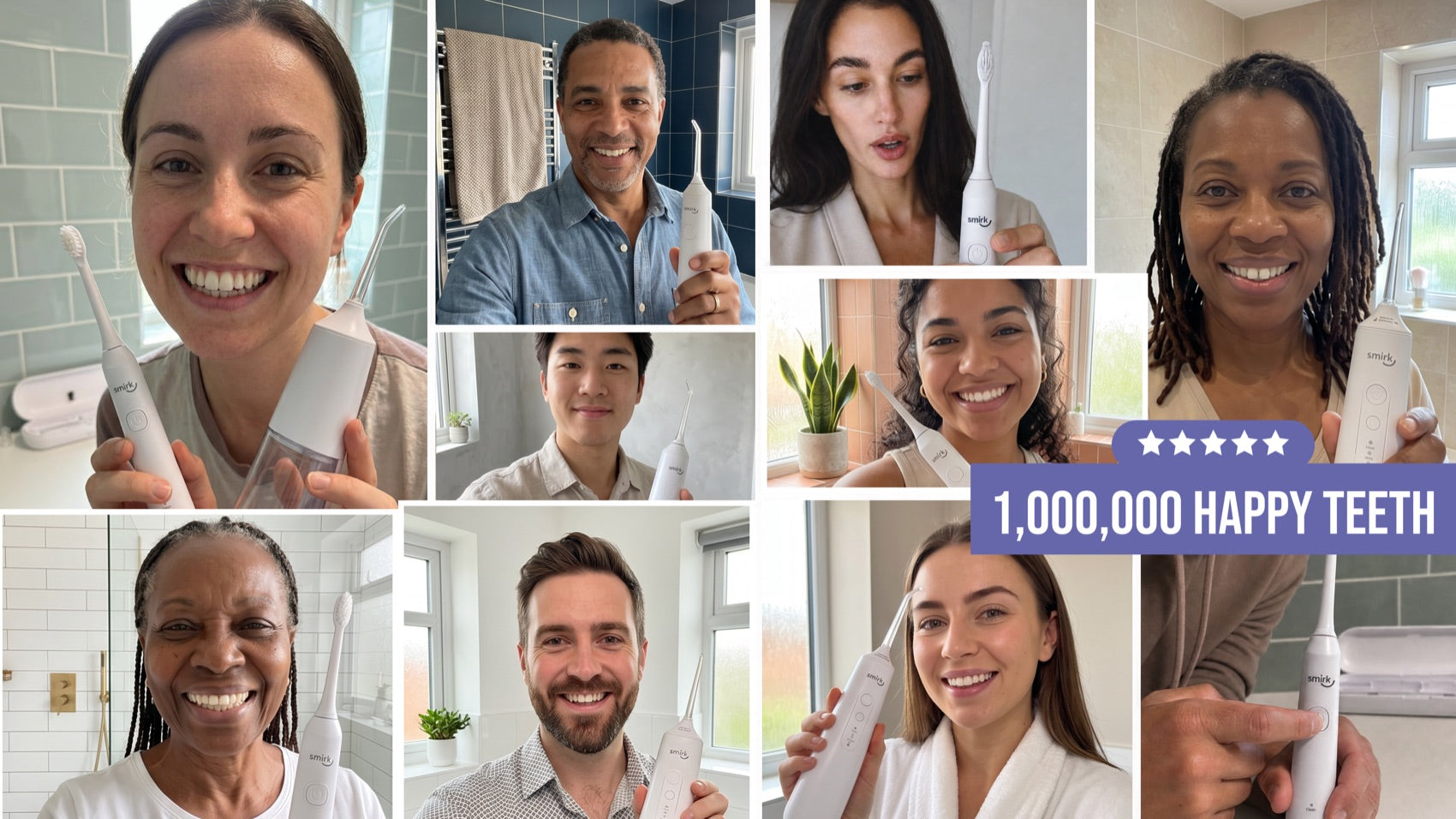A collage of happy Smirk customers — 1,000,000 happy teeth