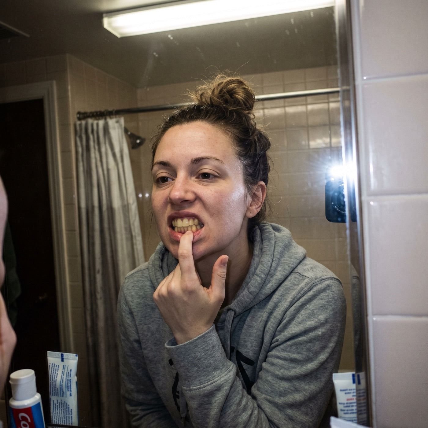 Woman checking her yellowed teeth in the bathroom mirror